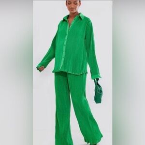 Plisse high waist wide leg trousers-green-SZ 6 US